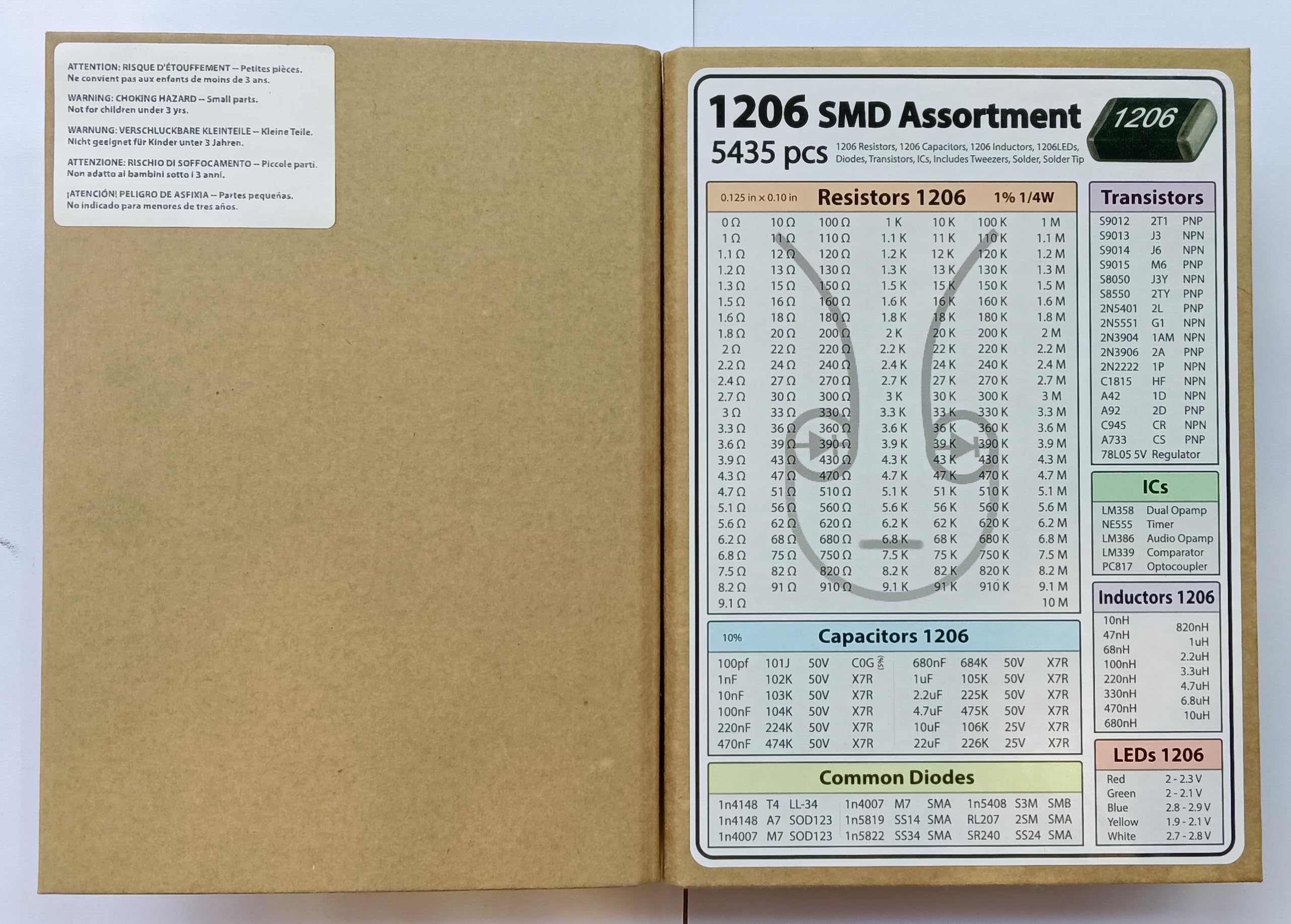 SMD SMT 1206 Assortimento di componenti elettronici libro, resistenza, condensatore, diodo, transistor, IC, opamp, saldatura, 5435 pezzi