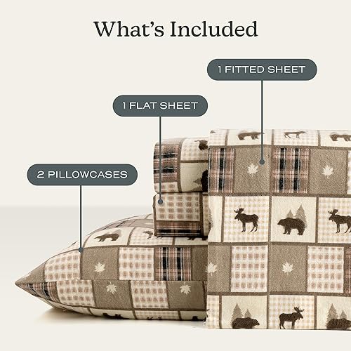 Miniatura 8 de Lodge & Linen Juego de sábanas de franela tamaño King  Algodón, pesado, franela suave aterciopelada  Sábanas de franela de bolsillo profundo