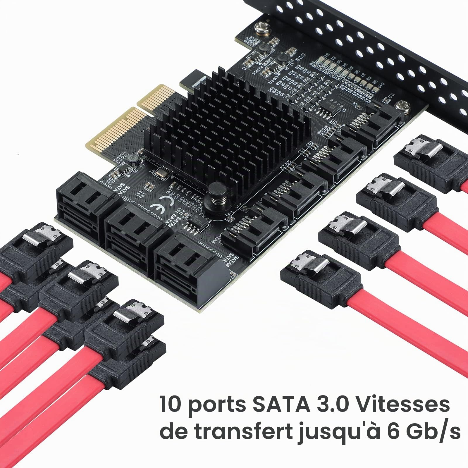 Carte PCIE 4X SATA 10 Ports, Adaptateur PCI-E 3.0 SATA 3.0 HDD 6G, Démarrage Disque Système avec 10 Câbles et Support Low Profile - ASM1166 + JMB75