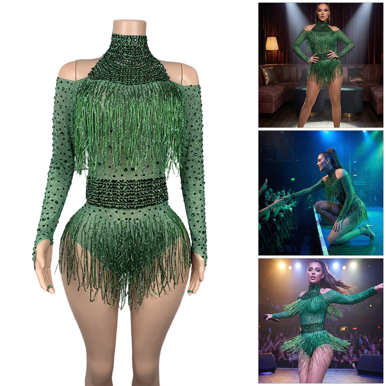 Body con flecos de diamantes de imitación para mujer, fiesta de cumpleaños, disfraz de noche, discoteca, baile, leotardo de manga larga con flecos brillantes para mujer
