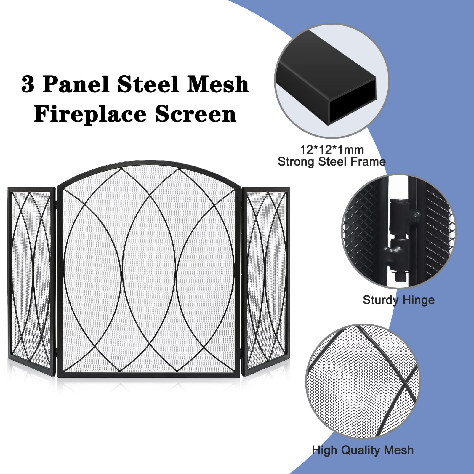 FEED GARDEN 3 Panel Fireplace Screen 52" W x 31.3" H Modern Foldable with Wrought Metal Decorative Mesh,Arch Heavy Duty Fire Spark Guard Cover for Home Decor Indoor, Black