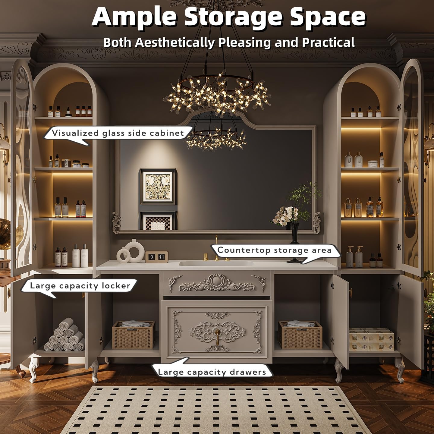 72' Bathroom Vanity with Sink - Modern Bathroom Vanity Cabinet, Freestanding French Vintage Sink Cabinet with Storage Towers & Smart LED Defogging Mirror, Complete Ket, White