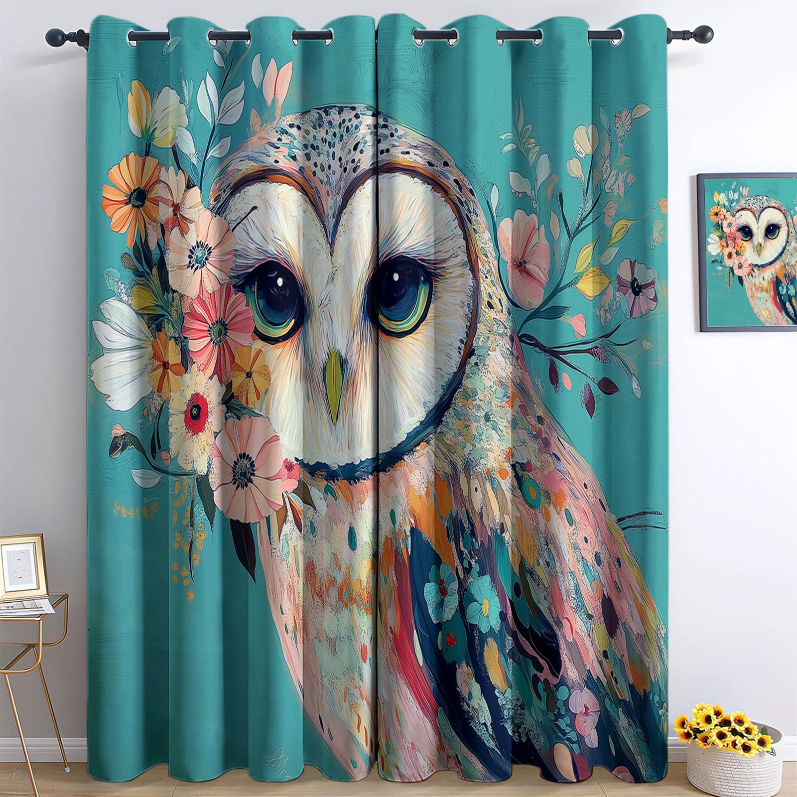 Rideaux occultants thermiques hibou sarcelle L140xH245 cm pour salon