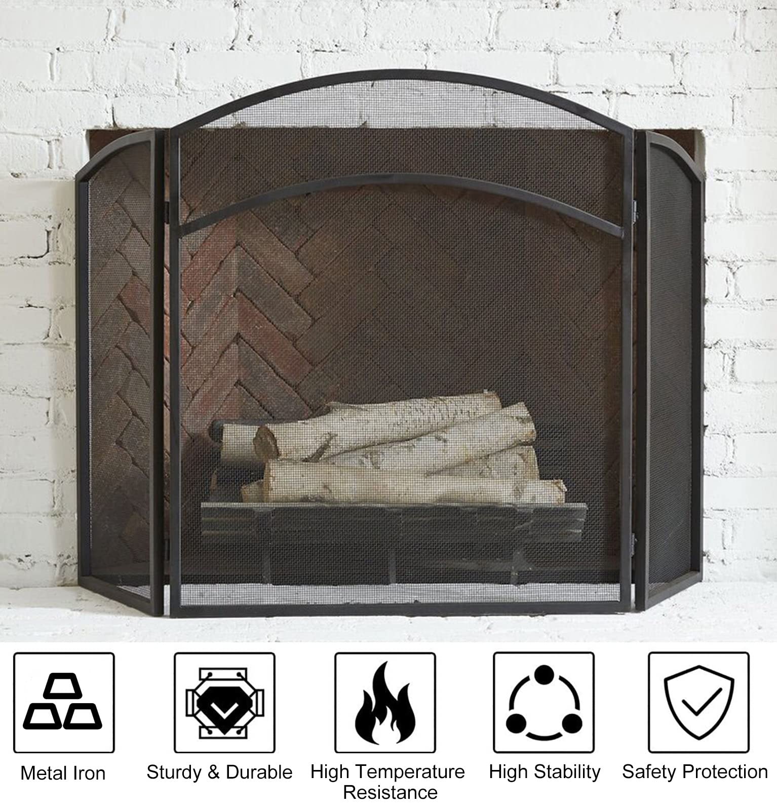 Salvachispas Chimenea Cubierta Protectora de Chimenea Plegable de 3 Paneles, Barrera de Chimenea de Metal Negro, Cubierta Protectora de Chispas de Seguridad para Interiores, Pantalla Protectora Contra
