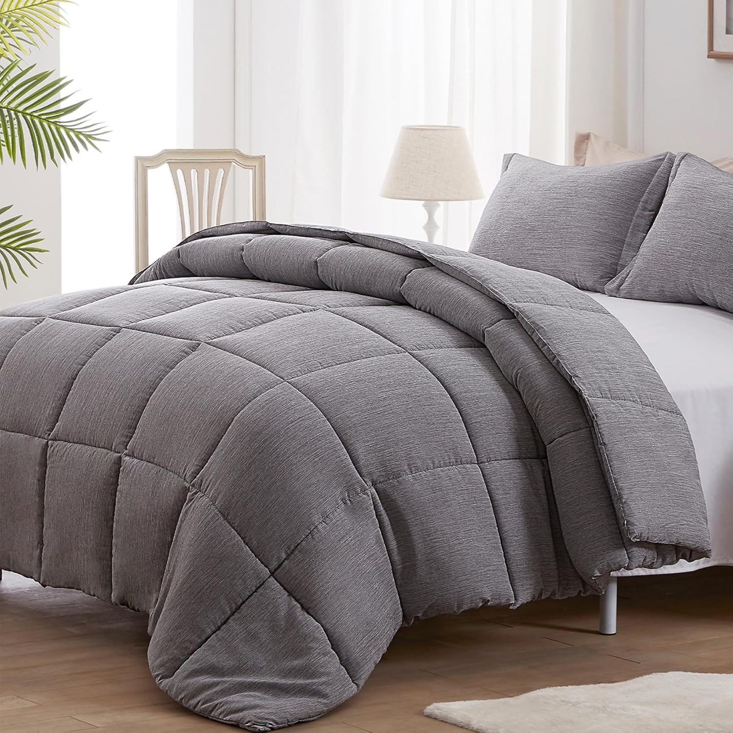 NexHome Queen Comforter Set 3 Pieces Grey Soft Luxury Cationic Dyeing Comforter for All Season, Lightweight Breathable Fluffy Gray Bedding Sets with 1 Comforter and 2 Pillow Shams Queen