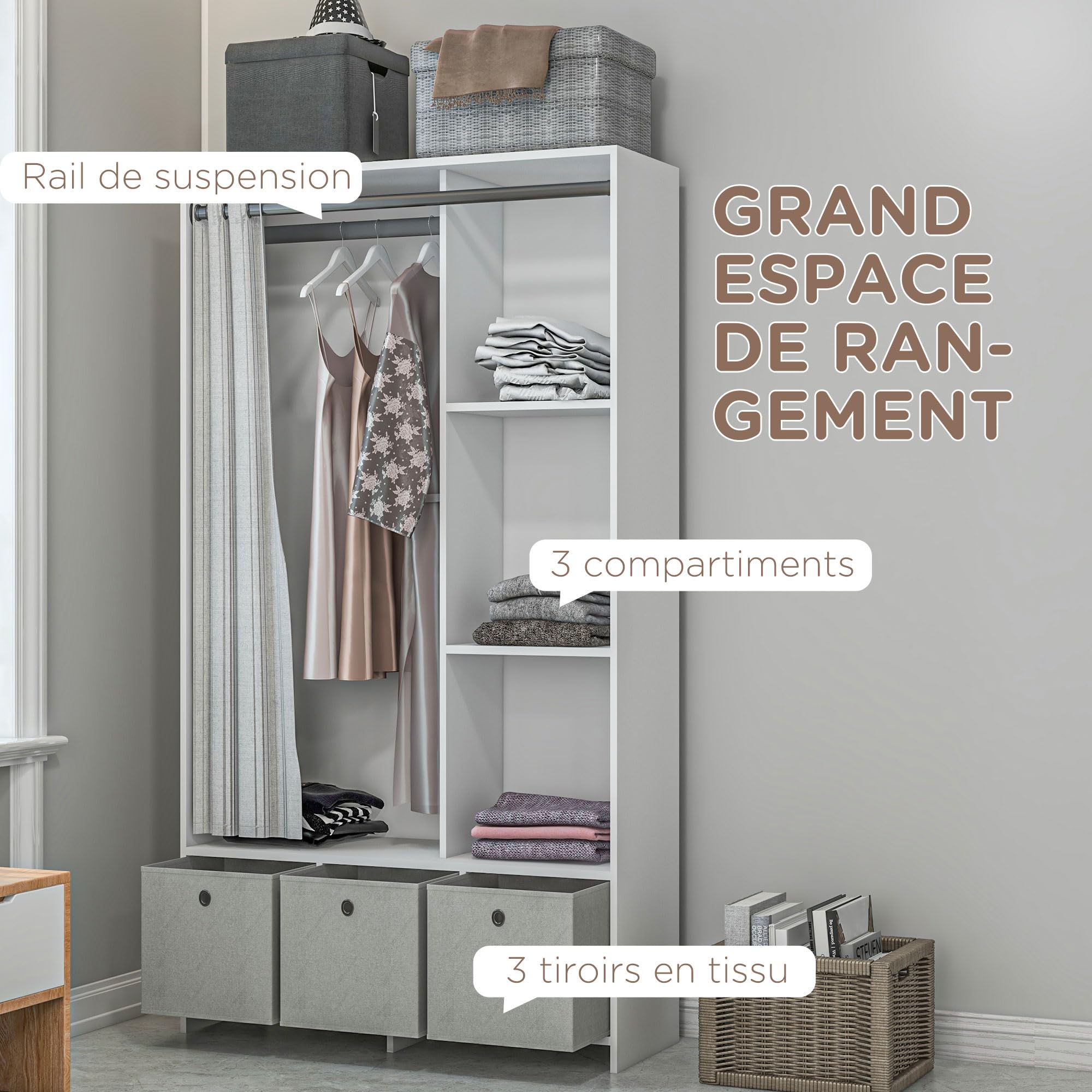 HOMCOM Armoire penderie, Dressing avec Rideau, Armoire Chambre vêtement, Garde-Robe avec Tringle, 3 Compartiments et 3 tiroirs en Tissu Amovibles - 105 x 48 x 160 cm, Blanc
