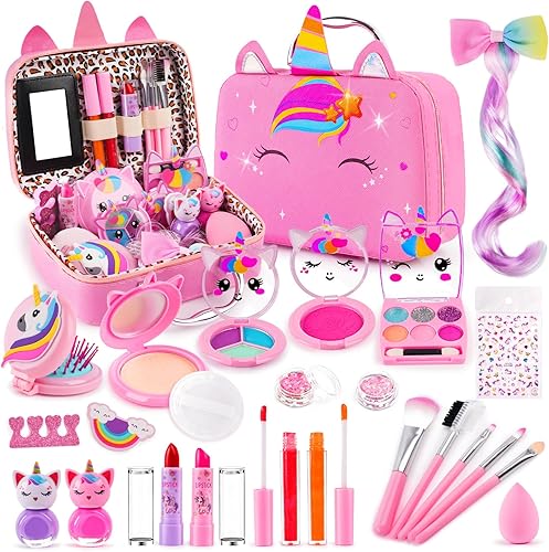 Juegos de maquillaje para niños para niñas, kits de maquillaje lavables reales, juguetes para niños pequeños, juguete de cumpleaños de princesa para