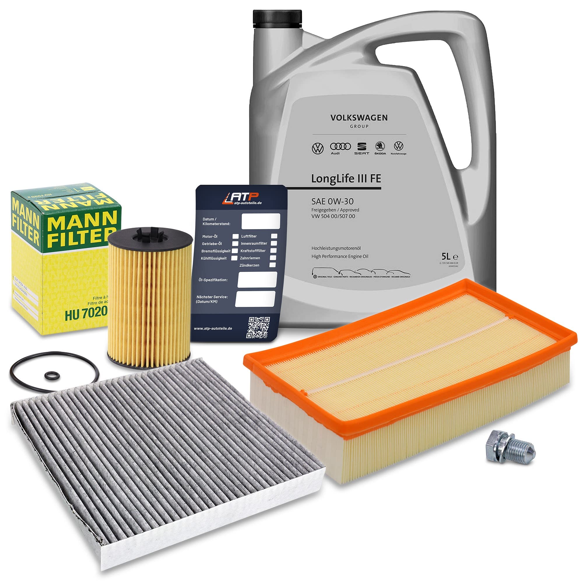 BESTPRICE Inspektionspaket Filterset mit 1x Ölfilter, 1x Luftfilter, 1x Innenraumfilter (Aktivkohle), 1x Ölablassschraube mit Dichtring, 1x Motoröl 0W-30 VW SAEI LongLife 3 FE 5 l, 1x Ölwechselanhänge