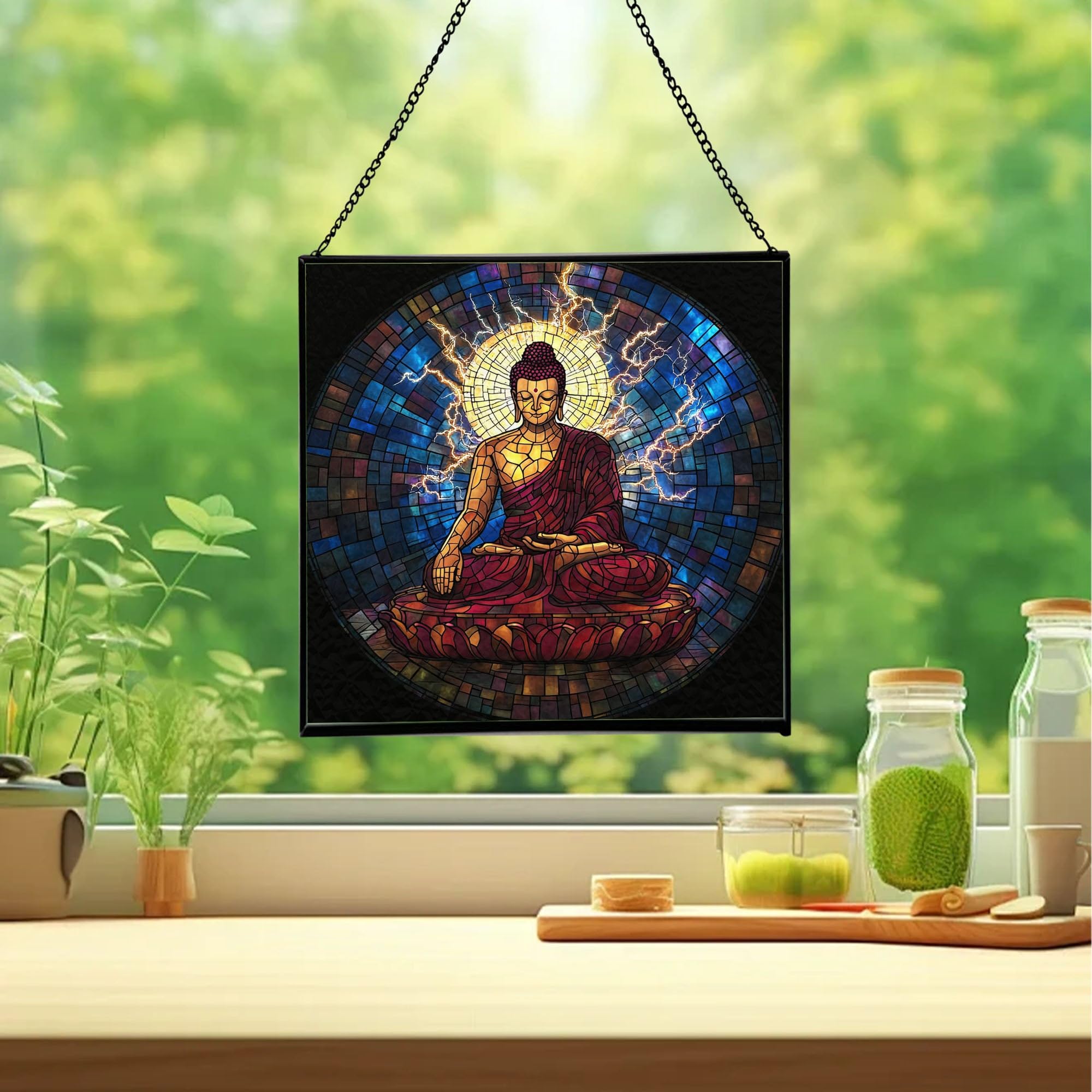 Buddha Dharma Lightning Stained Glass Suncatcher – Square Hanging Window Panel for Meditation Room, Zen Space, or Home – Peaceful Spiritual Glass Art Gift, Christmas, Thanksgiving wqmRTf
