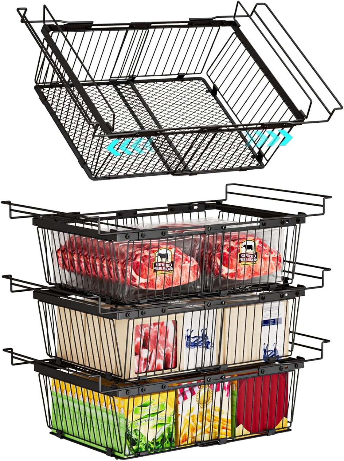 Large Freezer Organizer Bins，Upgraded Bottom Leak-Proof net，Fit 10 to 20 Cu.Ft Deep Freezer，4 Pack， Expandable/Hanging/Stackable Chest Freezer Organizer Bins , for Deep Freezer, pantry organizers