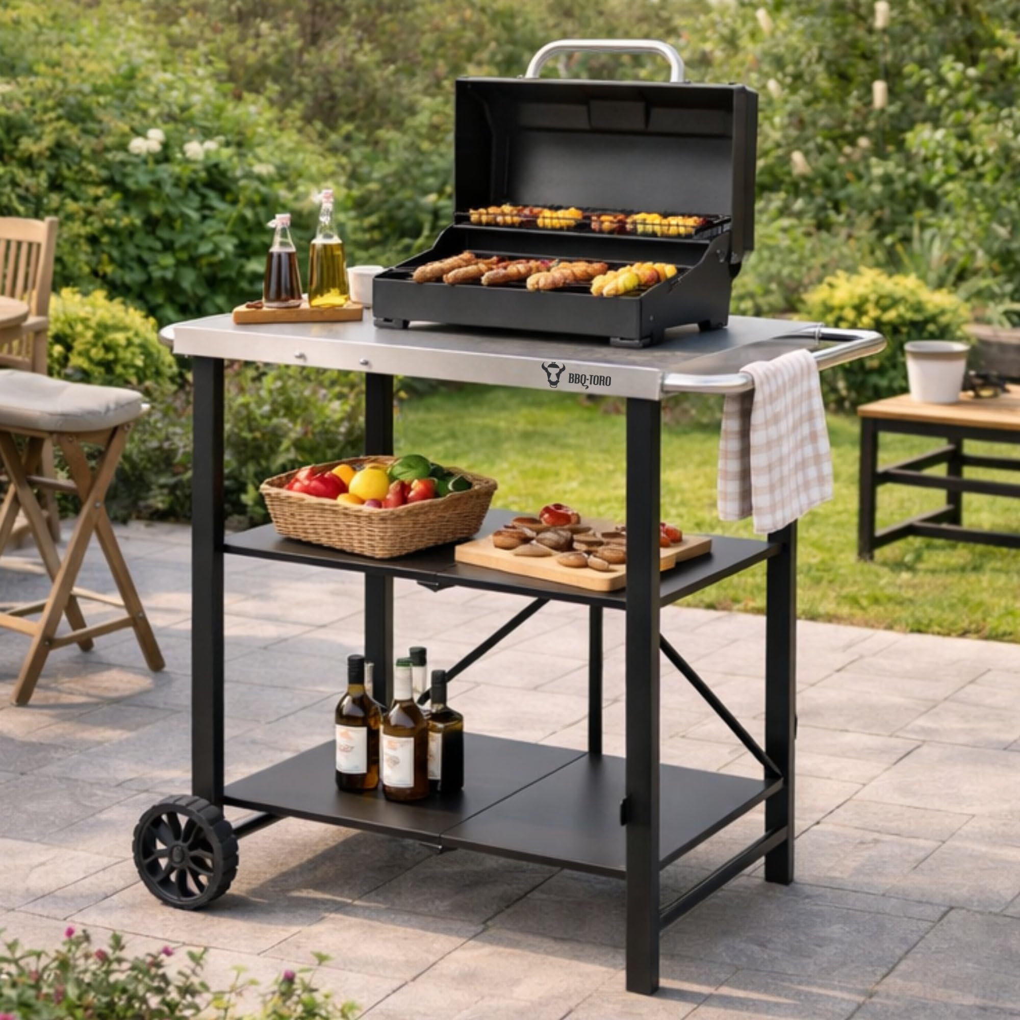 BBQ-Toro Carro de barbacoa plegable 60 x 80 x 82 cm | plata/negro | carro de servir, carrito de mesa, mesa de barbacoa para barbacoa de gas, mesa auxiliar, mesa auxiliar, mesa de barbacoa de acero