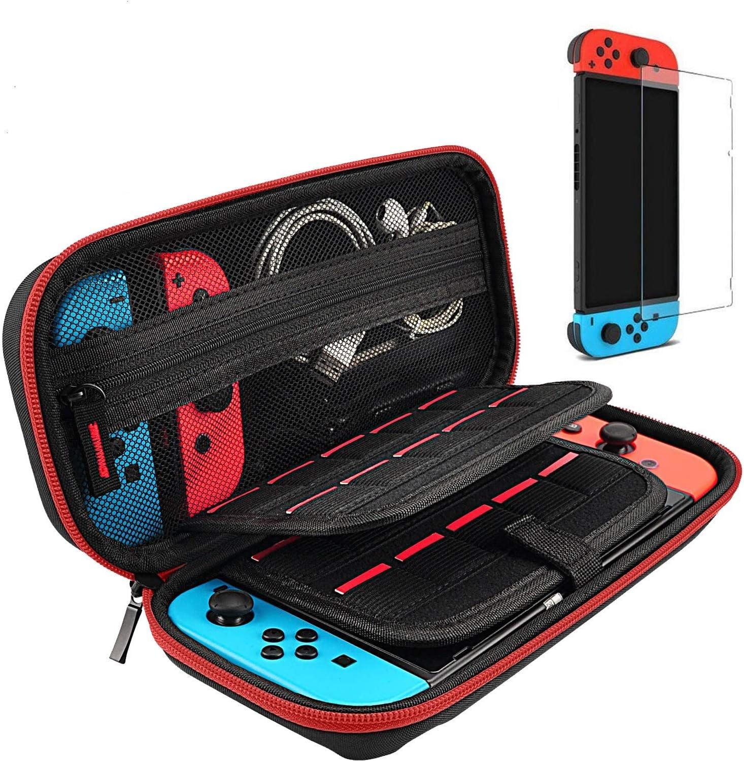 daydayup Switch Case and Tempered Glass Screen Protector Compatible with Nintendo Switch - Deluxe Hard Shell Travel Carrying Case, Pouch for Nintendo Switch Console & Accessories, Streak Red