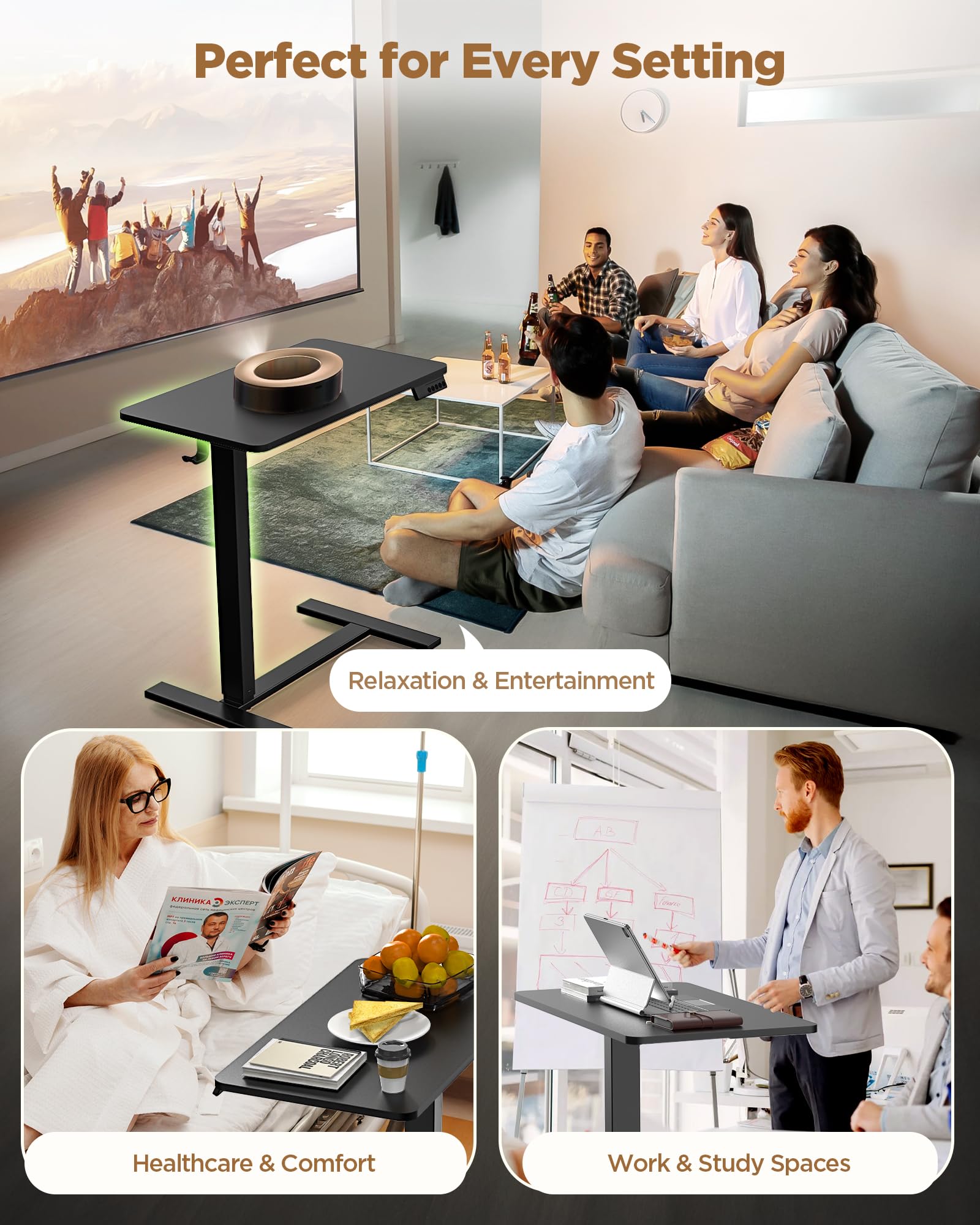 Overbed Bedside Table with Wheels Electric Standing Desk Adjustable Height Small Computer Desk for Home Office Rolling Laptop — view 8