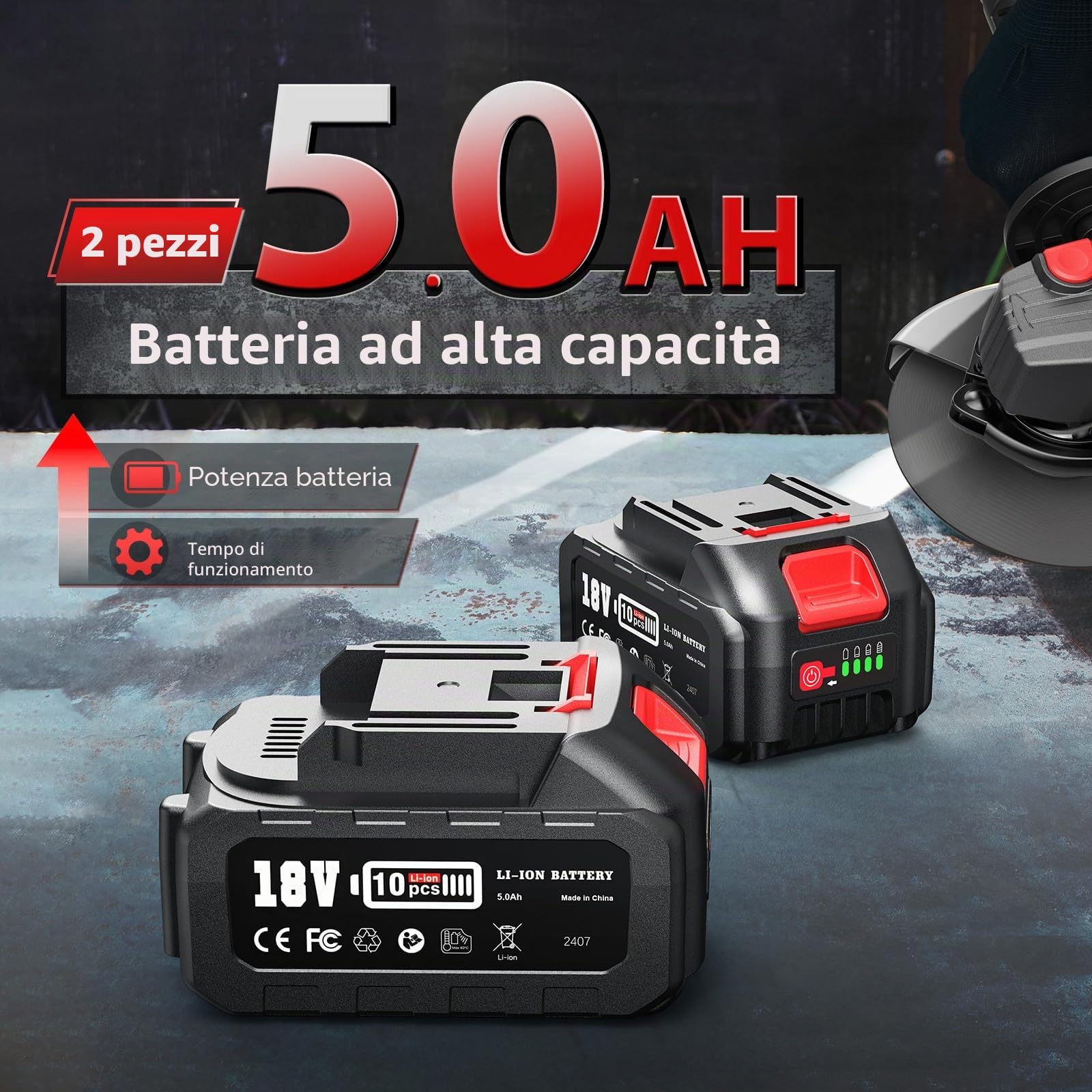 Smerigliatrice angolare a batteria con 2 x 5,0 Ah, 9500 giri/min, smerigliatrice angolare da 125 mm, senza spazzole, batteria Flex con dischi da taglio, mola per taglio, rimozione della ruggine