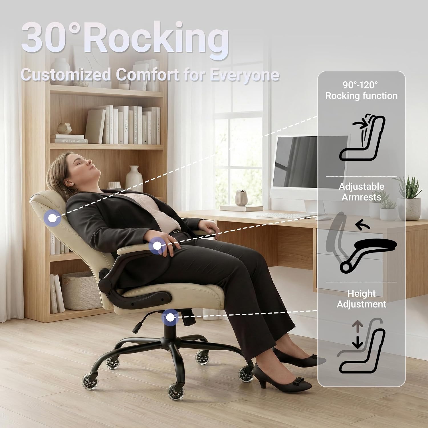Big and Tall Office Chair for Heavy People, 400LBS High Back Extra Wide Executive PU Leather Office Chair with Flip-Up Armrests, Quiet Rubber Wheels, Comfortable Home Office Desk Chair (White) thumbnail