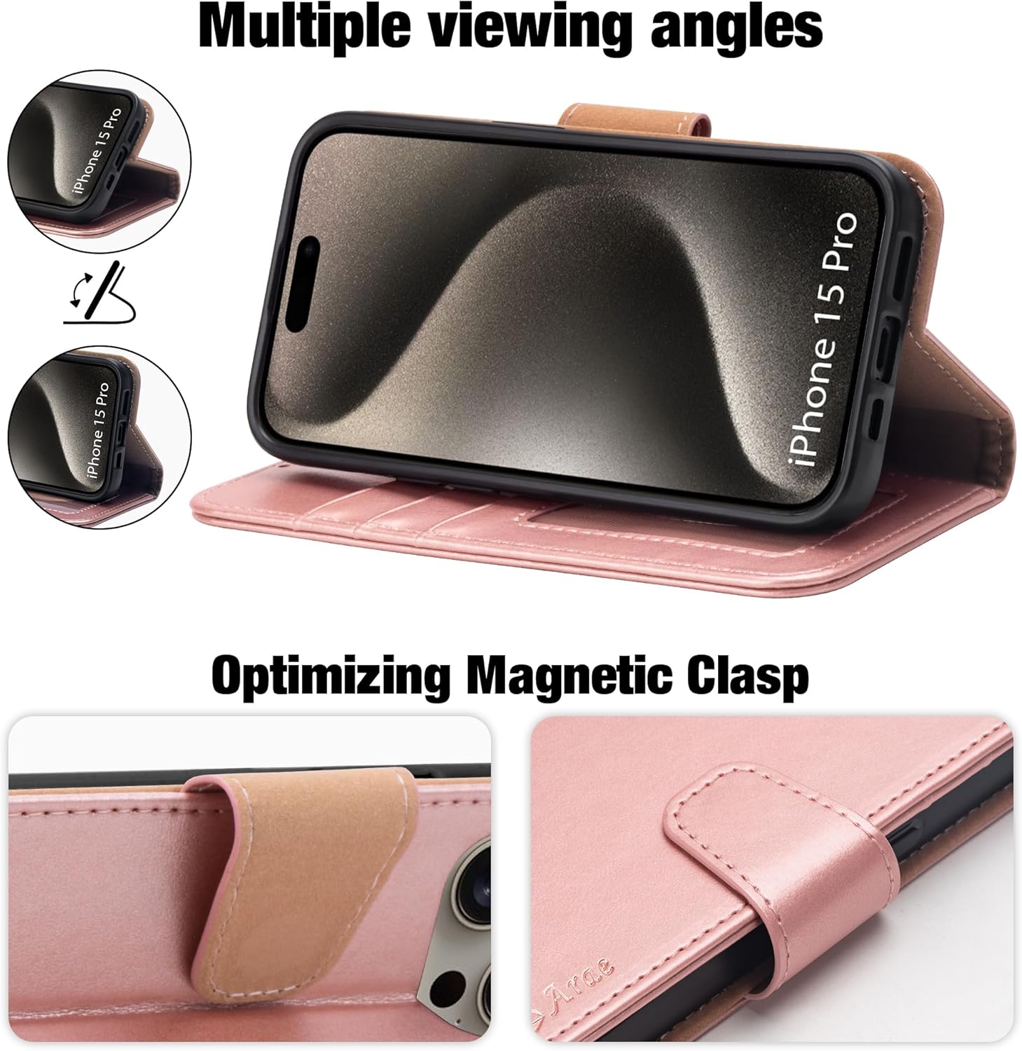 Arae Compatible with iPhone 15 Pro Case with Card Holder and Wrist Strap Wallet Flip Cover for iPhone 15 Pro 6.1 inch,Rose Gold - Image 3