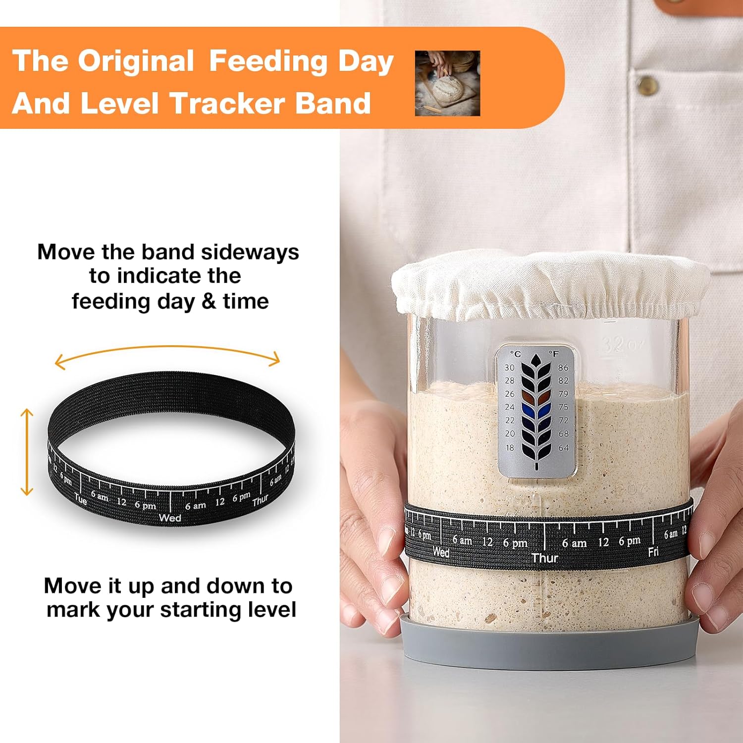 Premium Pro Sourdough Starter Jar Kit - 40oz Large Wide Mouth Sourdough Bread Jar with Marked Feeding Band, Thermometer, Scraper, Cloth Cover and Silicone Lid/Base, Glass Container, Baking Supplies - Image 4