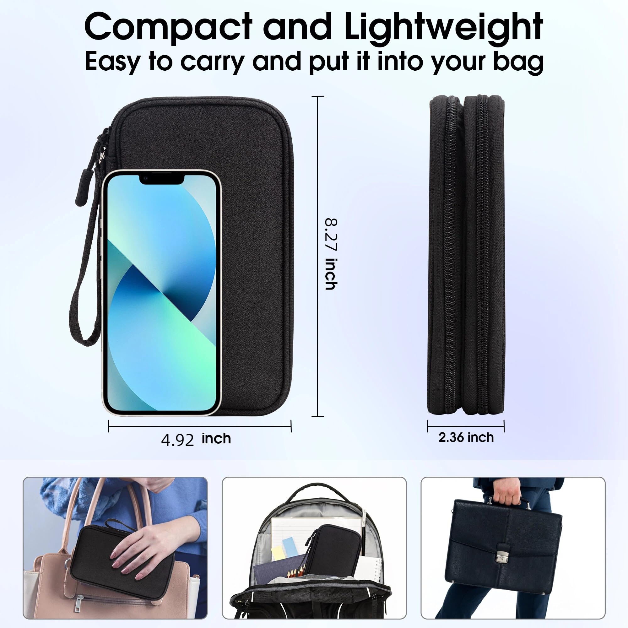 The Arae Electronic Organizer M in black, showcasing its dual-layer compartments and hand strap.