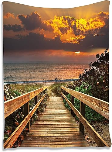 Ambesonne Tapiz de paisaje, muelle de madera a la tranquila playa idílica con hierbas y arbustos al atardecer mar, colgante de pared para