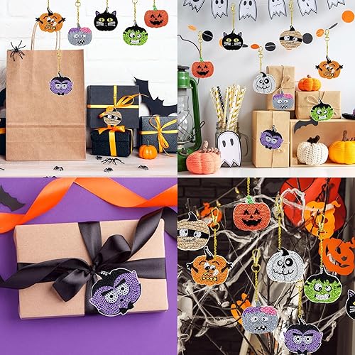 Miniatura 7 de Whaline Kit de llavero de dibujo de diamantes de Halloween, hecho a mano, caricatura, monstruo, vampiro, momia, gato, colgante de dibujo de