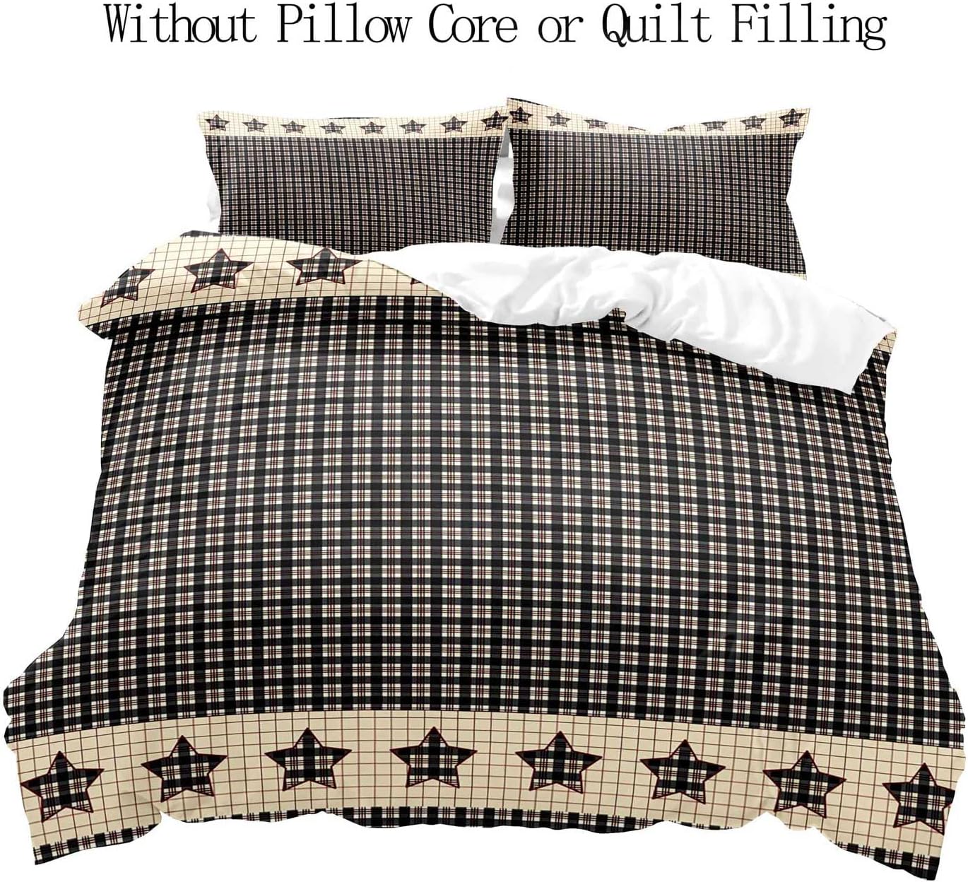 LUVIVIHOME 3PCS Beige Black Buffalo Plaid Duvet Cover Queen Bedding Set, Vintage Primitive Country Rustic Farmhouse Bedding, Star Check Grid Tan Checkered Comforter Cover, Bed in a Bag, 2 Pillow Cases
