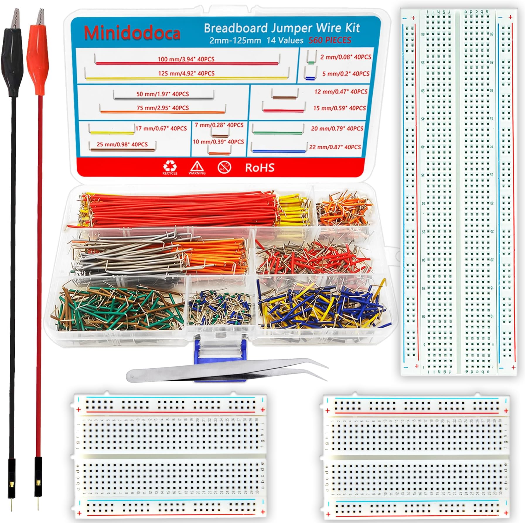 560Pcs Breadboard and Jumper Wire kit PCB Circuit Board Assortment 14 Different Lengths with breadboard，Tweezers，Alligator Clip Test Leads and Plastic Box