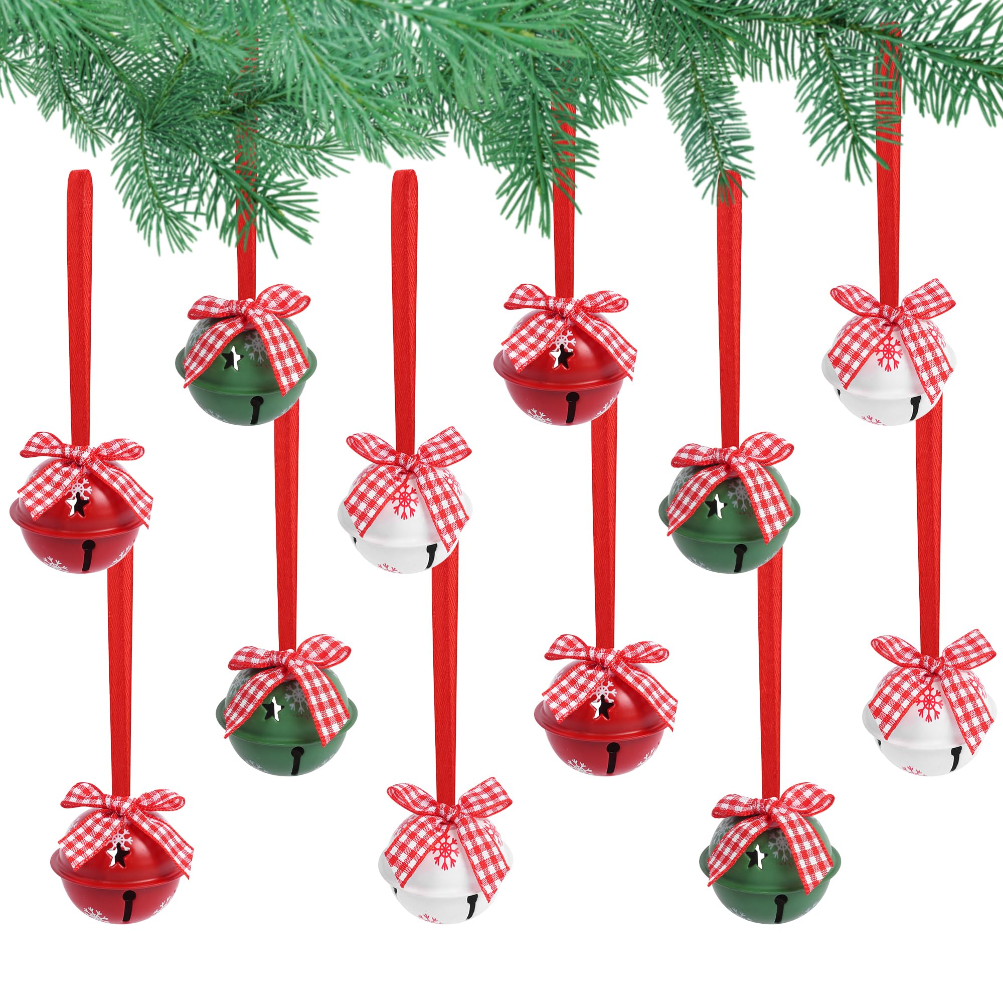 Creaher Red Christmas Jingle Bells 12 Pcs Large Metal White Green Bells, Tree Decorations With Ribbons, Hanging Ornaments For Diy Crafts Decor, Snowflake
