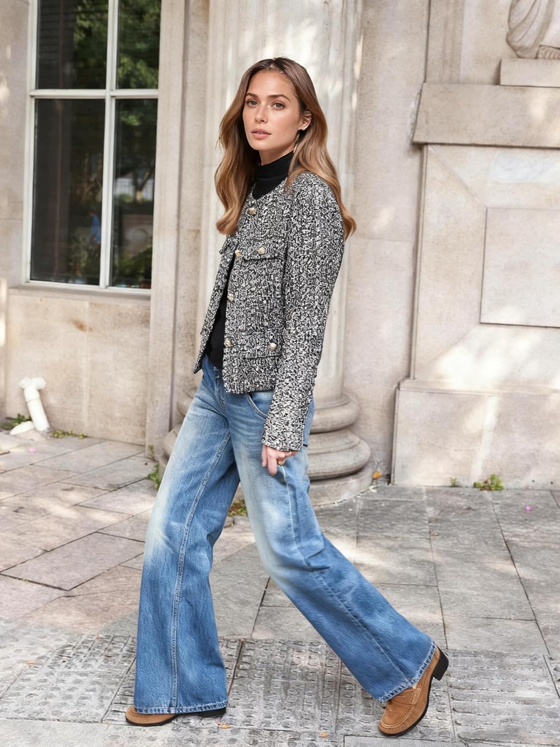 Women's Tweed Blazer Jacket Classic Cropped Short Coat with Gold Buttons Round Neck Long Sleeve Outerwear - Image 7