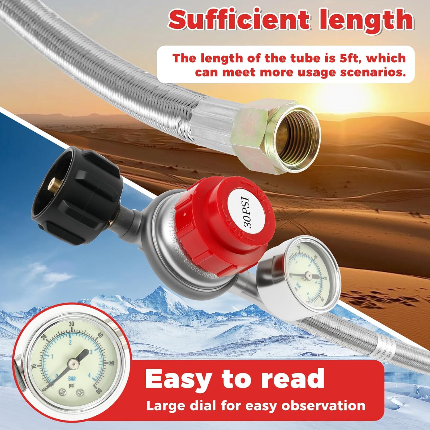5FT 0-30PSI High Pressure Adjustable Propane Regulator w 0-60PSI Gauge Gas Flow Indicator Stainless Braided Hose and Gas Grill Regulator QCC1x3/8 Flare Fitting for Heater Turkey Fryer Fire Pits Cooker