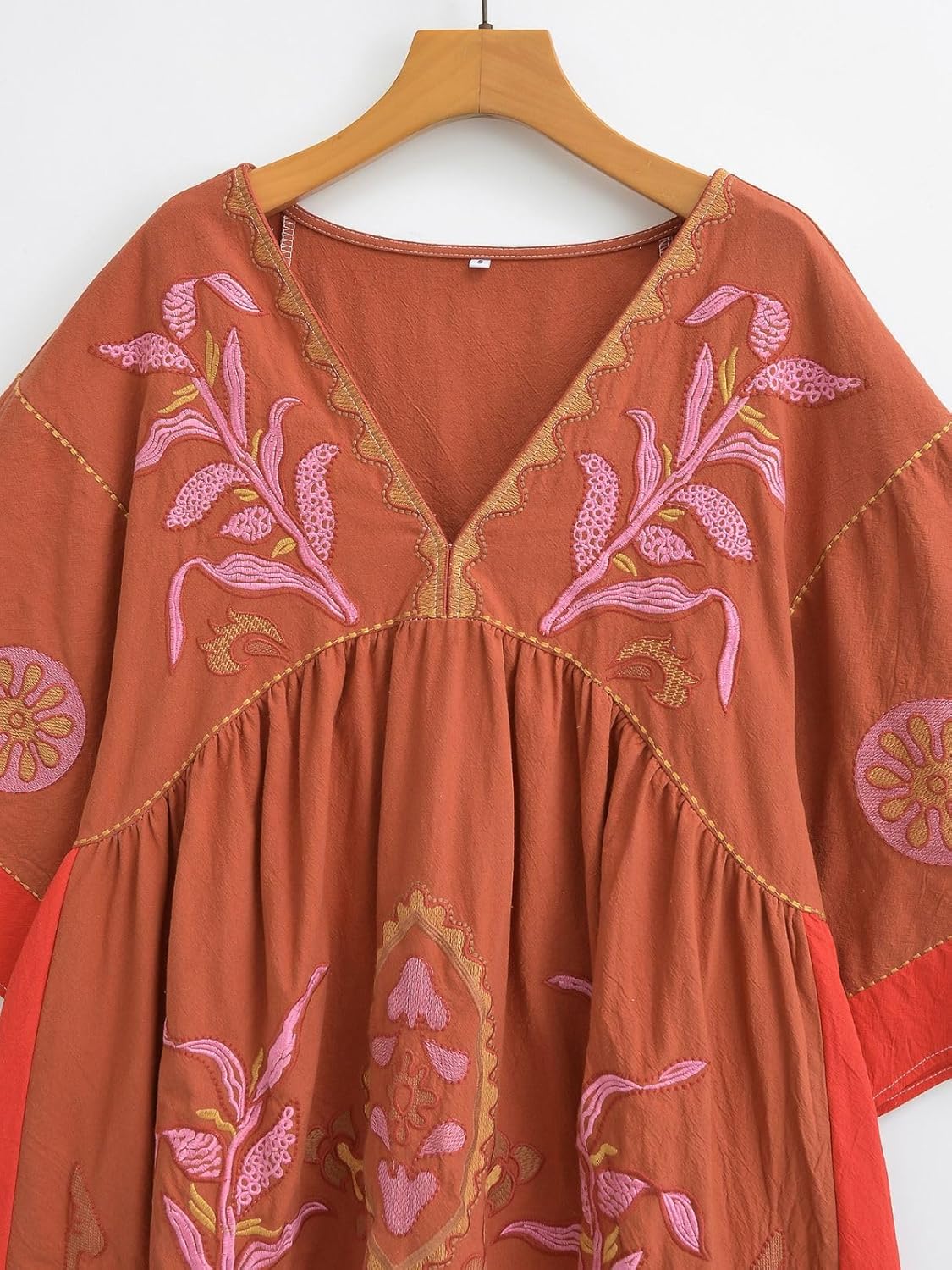 Womens Oversized Embroidered Dress with V-Neck and 3/4 Sleeves Vintage Embroidery Babydoll Dress - Image 3
