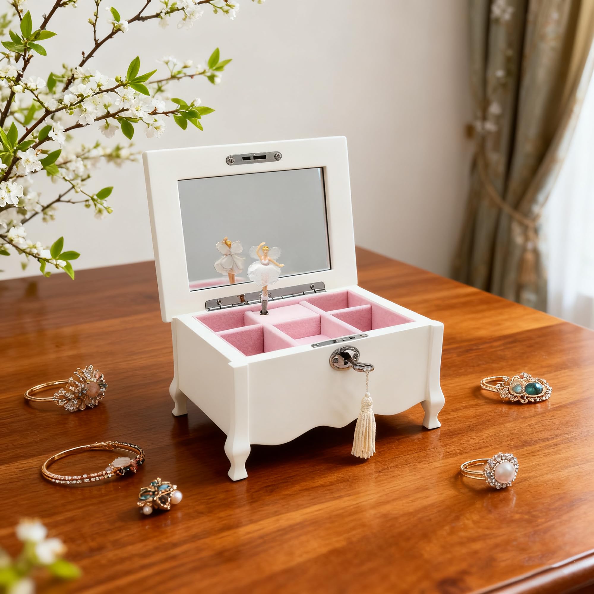 Schmuckkästchen mit Musik, mit Spiegel, Schloss für Mädchen und Frauen, Kinder-Schmuck-Organizer, Geschenk für Weihnachten, Neujahr, Geburtstag, 20,3 x 15,2 x 10,9 cm, Weiß