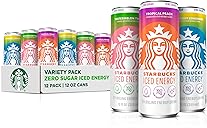 Starbucks Iced Energy Drink, 3 Flavor Variety Pack (Tropical Peach, Watermelon Splash, Blueberry Lemonade), Zero Sugar Energy Drink, Plant Based Caffeine, Hydration, Mental Clarity, 12x12 Fl Oz Cans