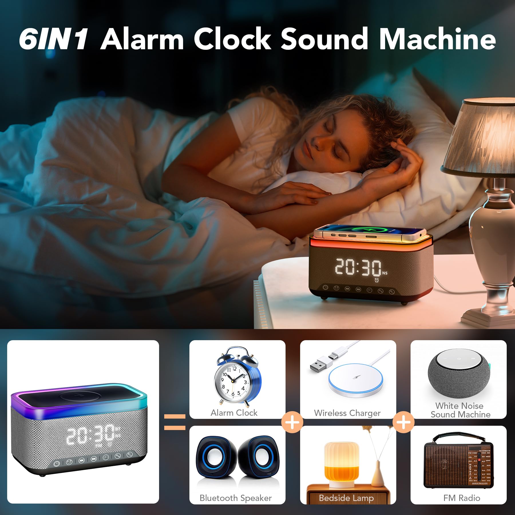 Alarm Clock Wireless Charger Bluetooth Speaker FM Radio, White Noise Sound Machine with Light for Sleeping for Bedrooms, Digital Clock with USB AUX Port for Heavy Sleepers Child, Black