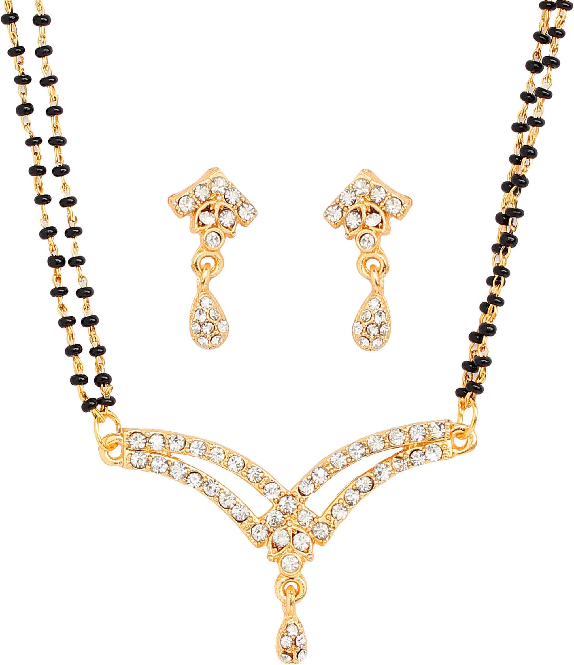 Indian Bollywood Wedding Bridal Traditional Symbolic Designer Jewelry Mangalsutra Set Black Beads In Gold And Silver Tone For Women.