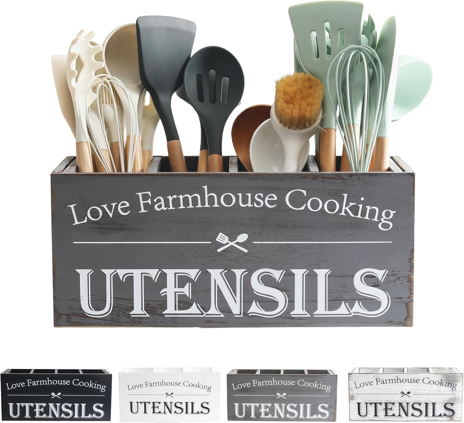 LIBODOUR Utensil Holder,Kitchen Utensil Holder For Kitchen Counter,Extra Large Cooking Spatula Organizer,Farmhouse Wooden Big Storage With 4 Compartments Rustic Flatware Spoon Tool Organizer （Grey）