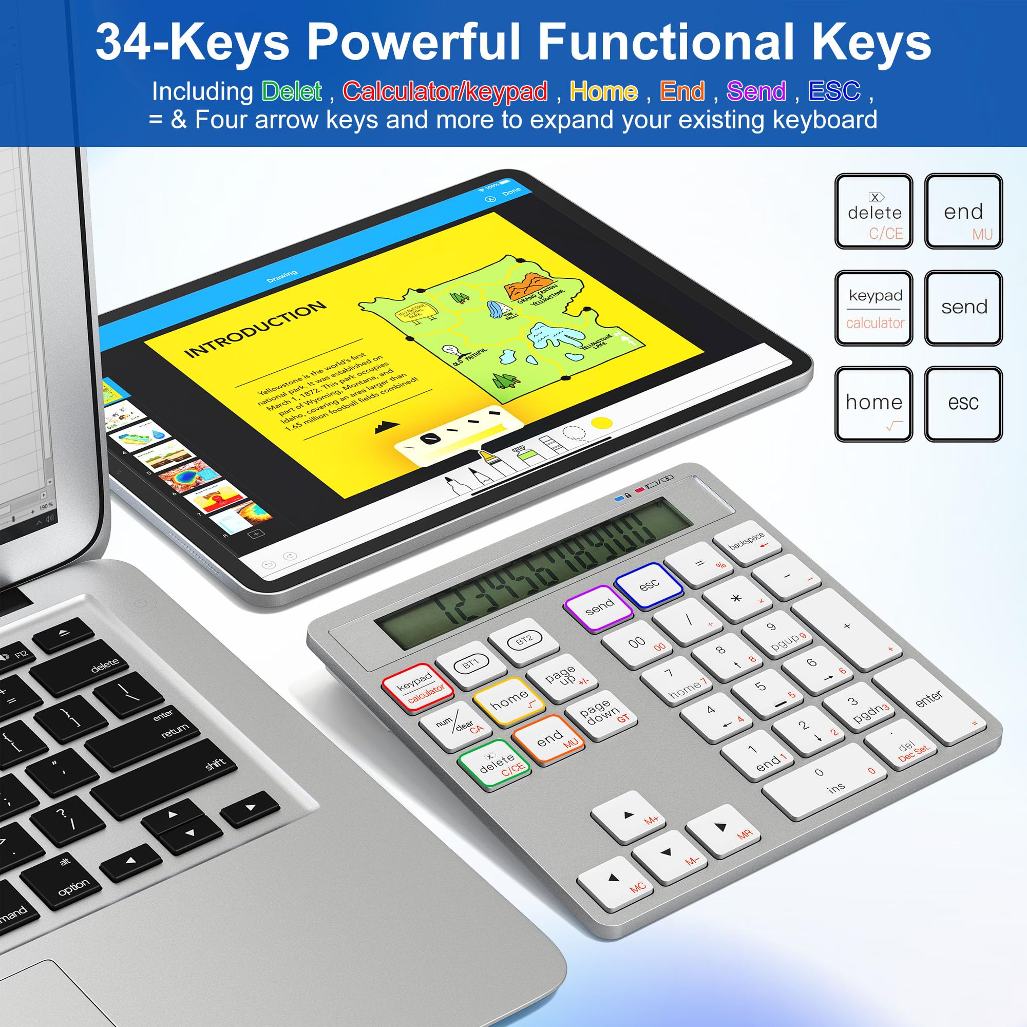 Rytaki Pro ​​Tastierino Numerico Wireless con Calcolatrice - 34 Tasti Tastierino Numerico Bluetooth per mac/PC/Laptop/MacBook/Windows/iOS e Android​（Ricarica USB-C）