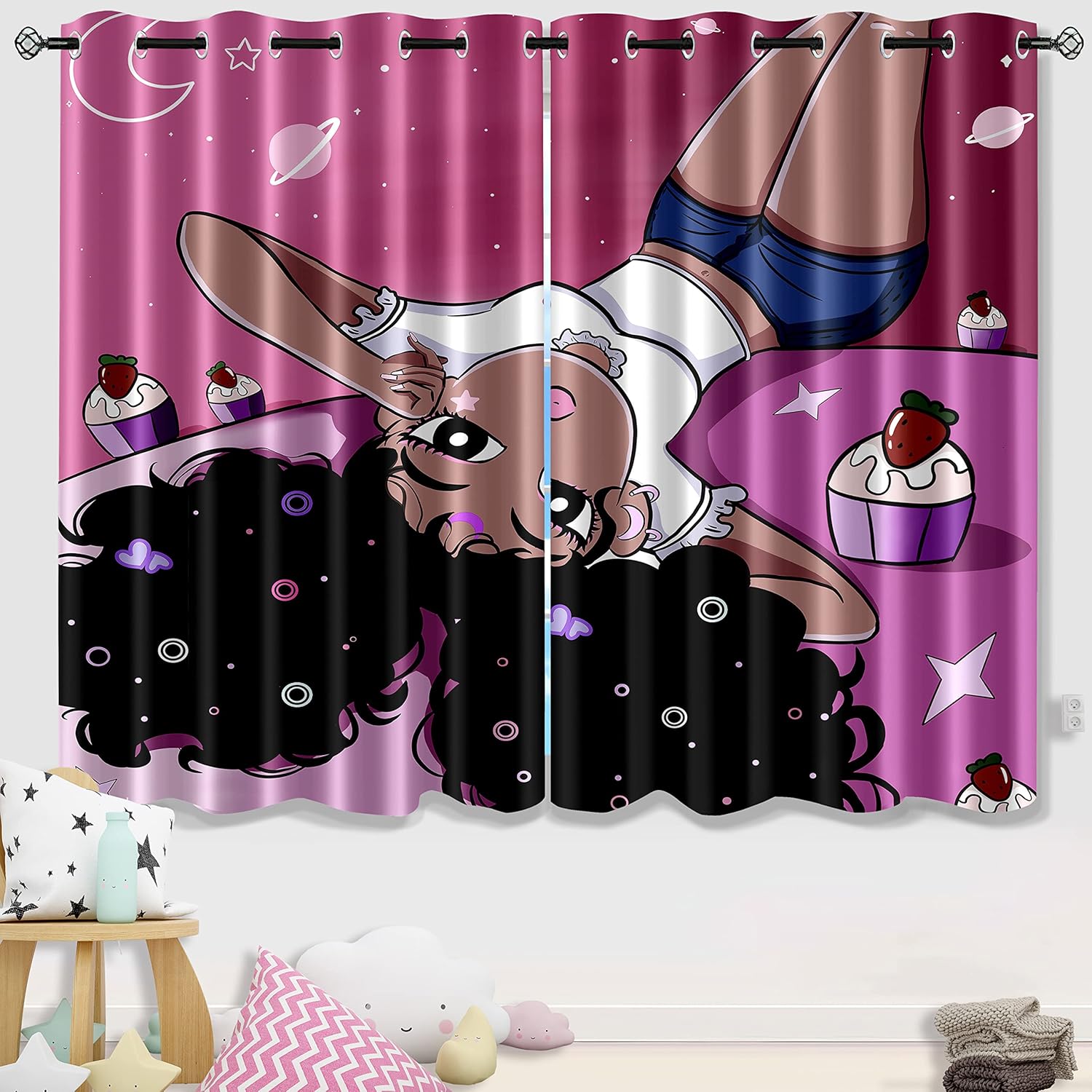 African Girl Curtains for Bedroom Pink Kids Blackout Window Drapes Cute Black Girl Printed Curtains 2 Panel Sets, 82x63 Inch