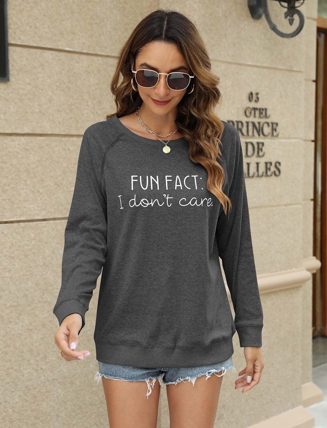 EADINVE "FUN FACT: I don't care Letter Print Women's Crewneck Sweatshirt Raglan Long Sleeve Casual Pullover Tops - Image 3