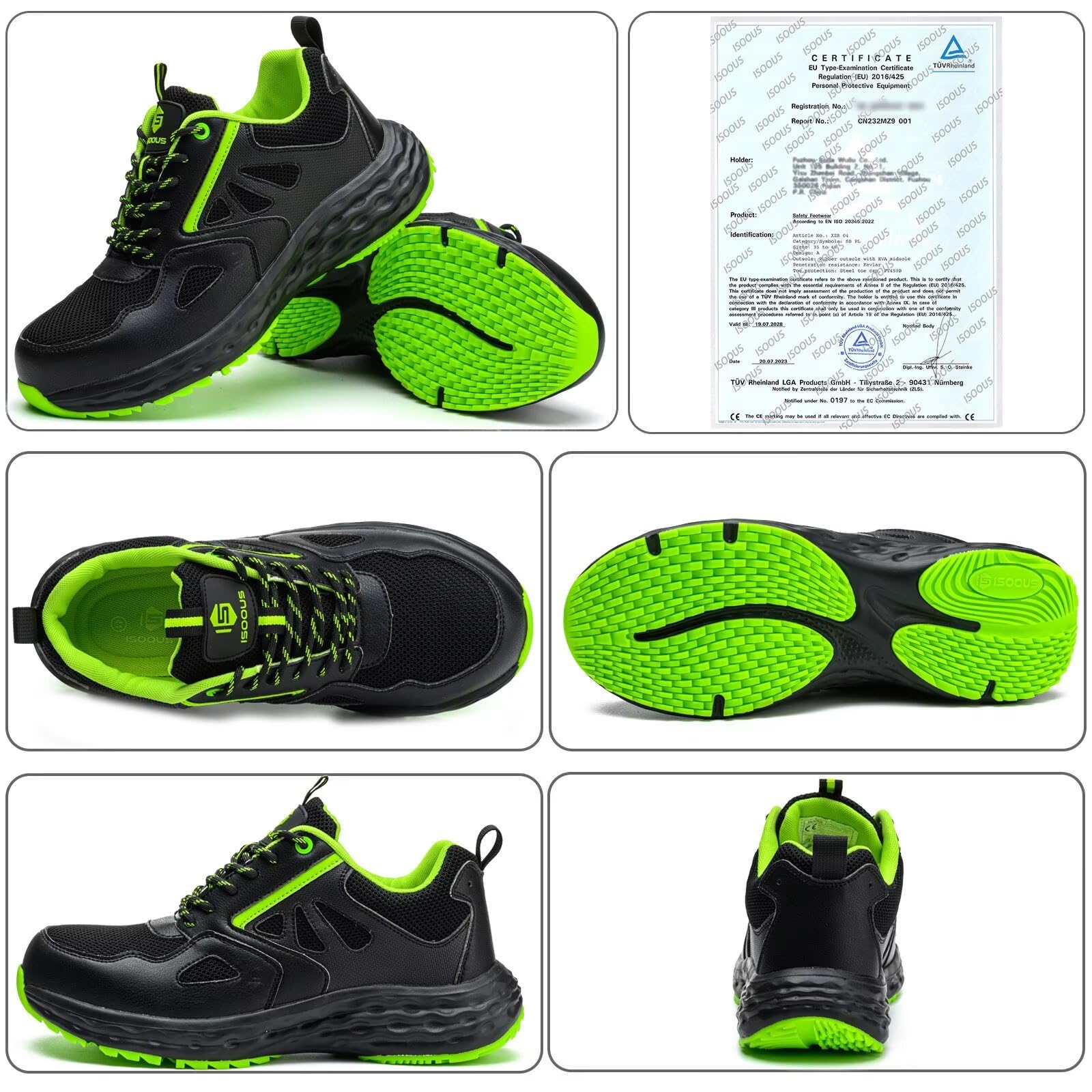 Buty Ochronne Męskie Obuwie Robocze Damskie Plastikowym Noskiem Obuwie Ochronne Lekkie Antypoślizgowe Oddychające Sportowe Czarny Zielony EU 43