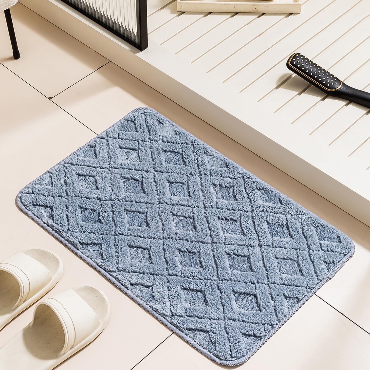 TYCOM Bathroom Rugs Bath Mat, 38x58cm, Non-Slip Fluffy Soft Plush Microfiber Shower Carpet Rug, Machine Washable Quick Dry Ultra Shaggy Bath Mats for Tub, Bathroom and Shower - CR04-Blue Blue 58 x 38 cm (Rectangular)