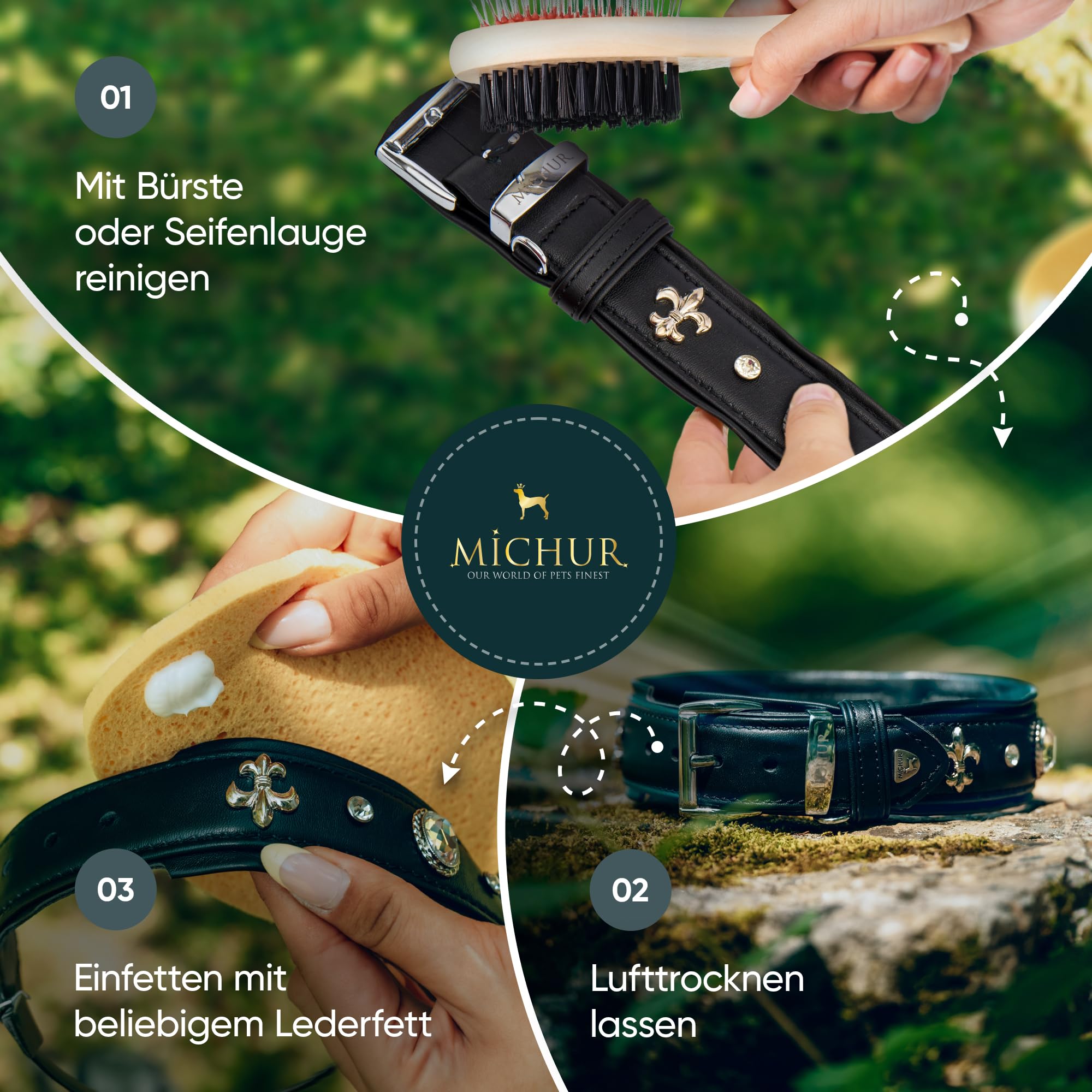 MICHUR Gala Hundehalsband Leder, Lederhalsband Hund, Halsband, Schwarz, Leder, mit Lilien,Strasssteinen und großem Kristall, in verschiedenen Größen erhältlich