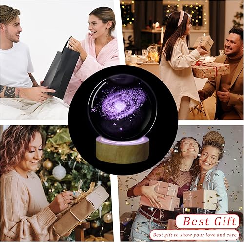 Miniatura 5 de Luz nocturna de bola de cristal de galaxia 3D con control remoto mejorado de 3.15 pulgadas, lámparas de bola de vidrio con base de madera LED de 16