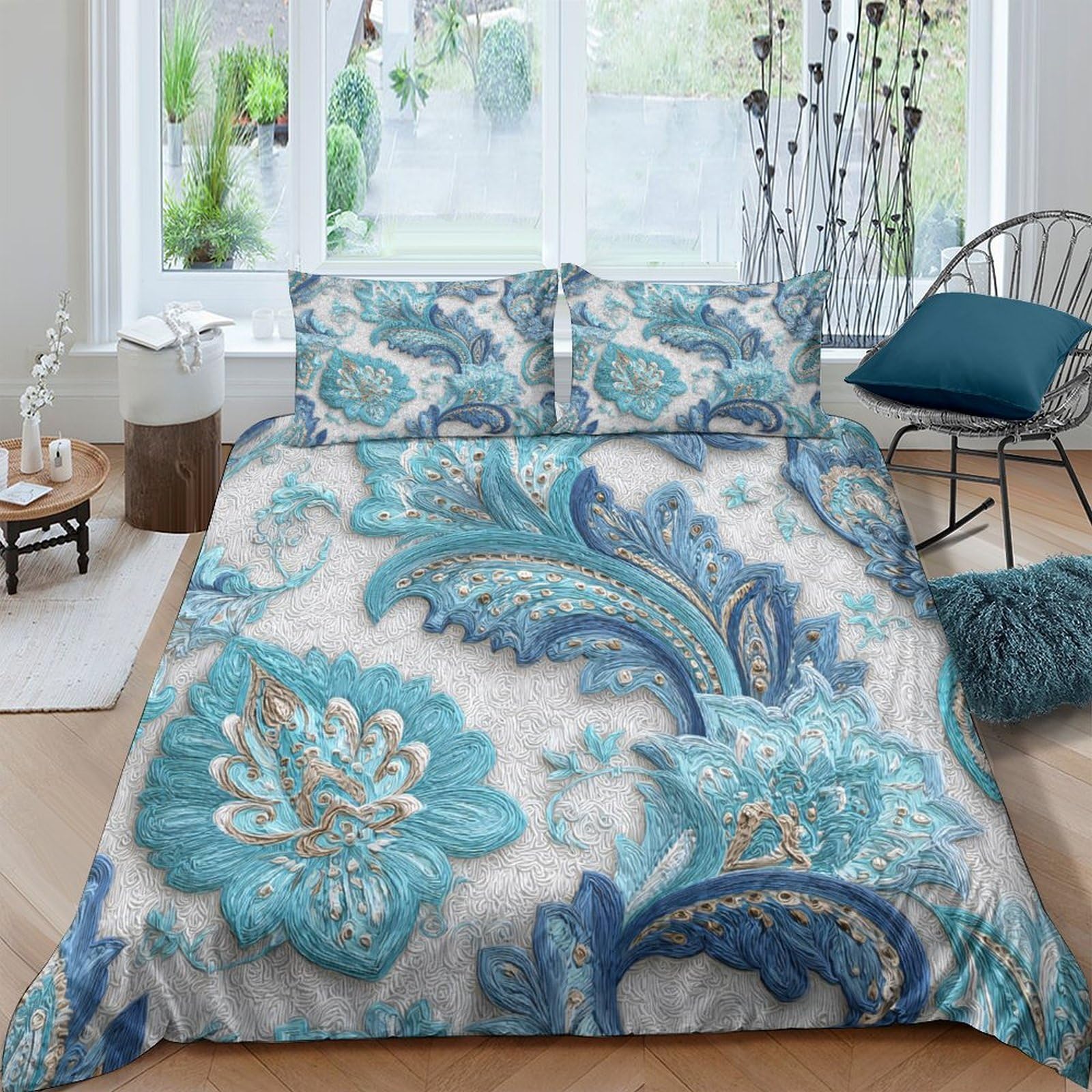 XFKLYNVCJ 3D Printed Ornate floral Bed Cover Polyester Blue paisley pattern Duvet Cover Wrinkle Resistant Stain Resistant for University Dorm Student Accommodation Bedding Use Single（135x200cm）