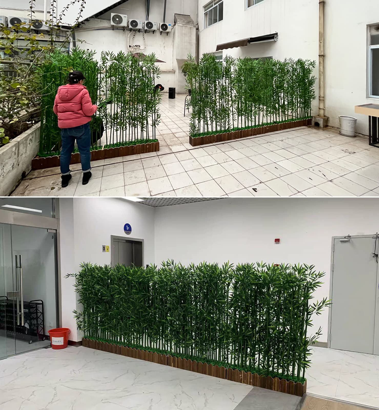 Sztuczny bambusowy rozdzielacz prywatności, realistyczna zieleń, panel żywopłotu, do dekoracji domu i ogrodu, na zewnątrz, ścianka działowa, podstawa 0,5 m, wysokość 1 m, 8 słupków