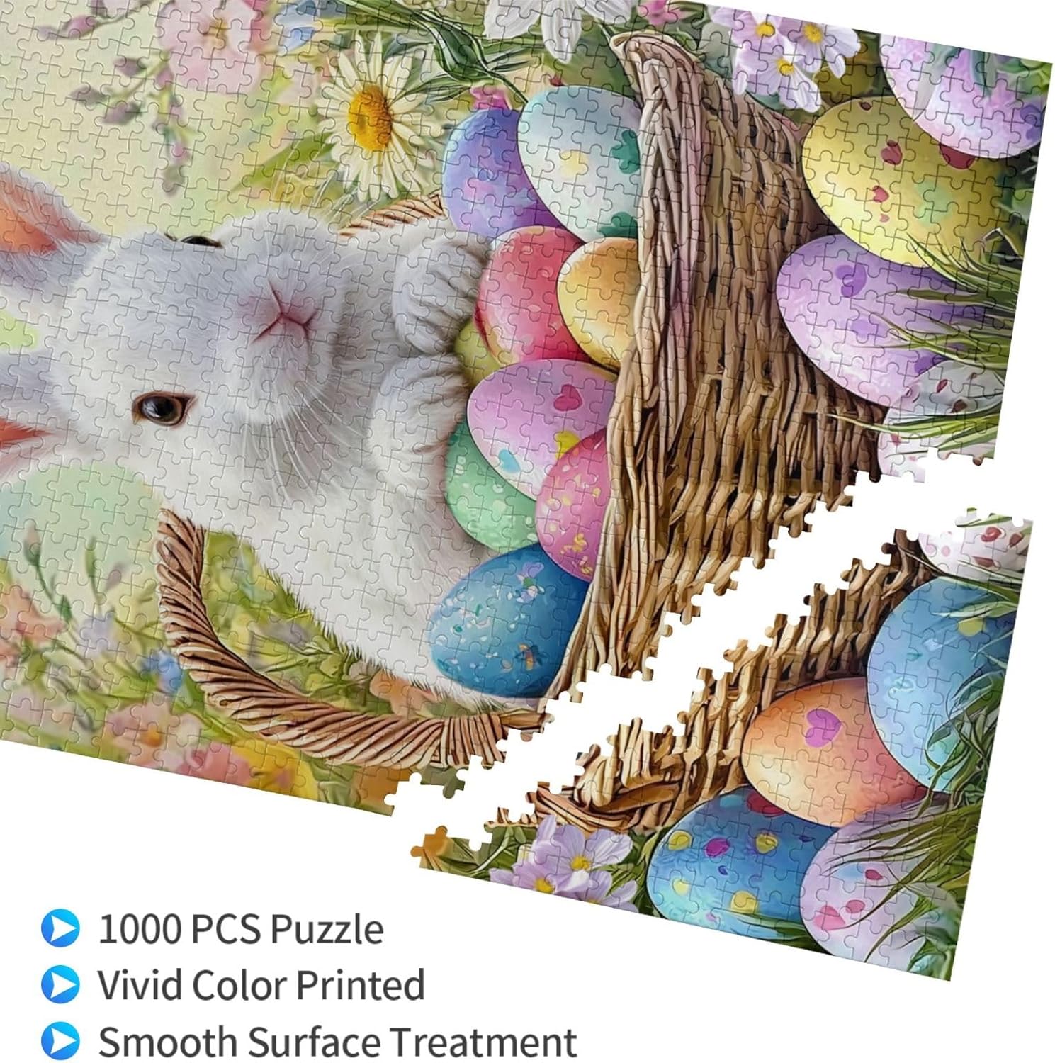 Easter Puzzles for Adults 1000 Pieces Eggs Bunny Jigsaw Puzzle for Adults Cute Rabbit with Spring Flowers Wooden Puzzle Easter Basket Gifts Stuffers