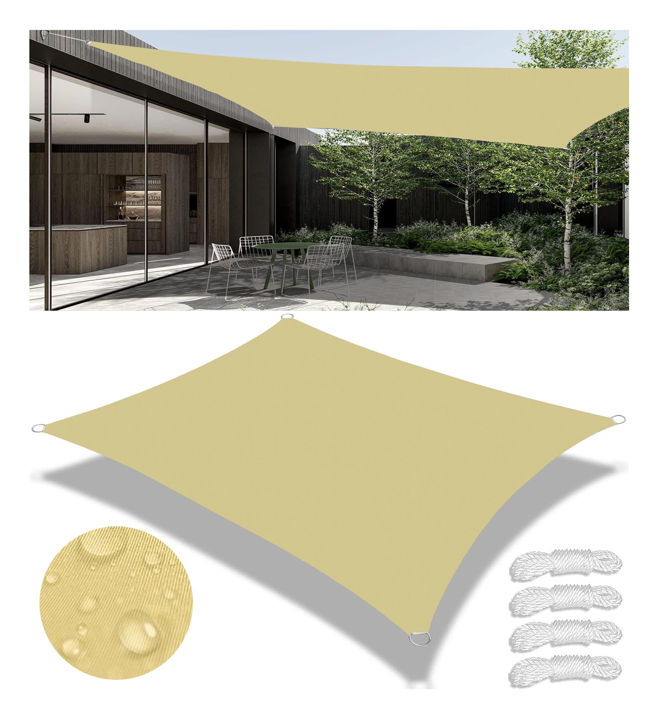 Tenda a Vela Parasole Vela Ombreggiante Rettangolare Impermeabile Tenda a Vela Giardino Protezione UV Tende da Sole con Anello D e Corda per Esterno Giardino Sabbia 2x4M