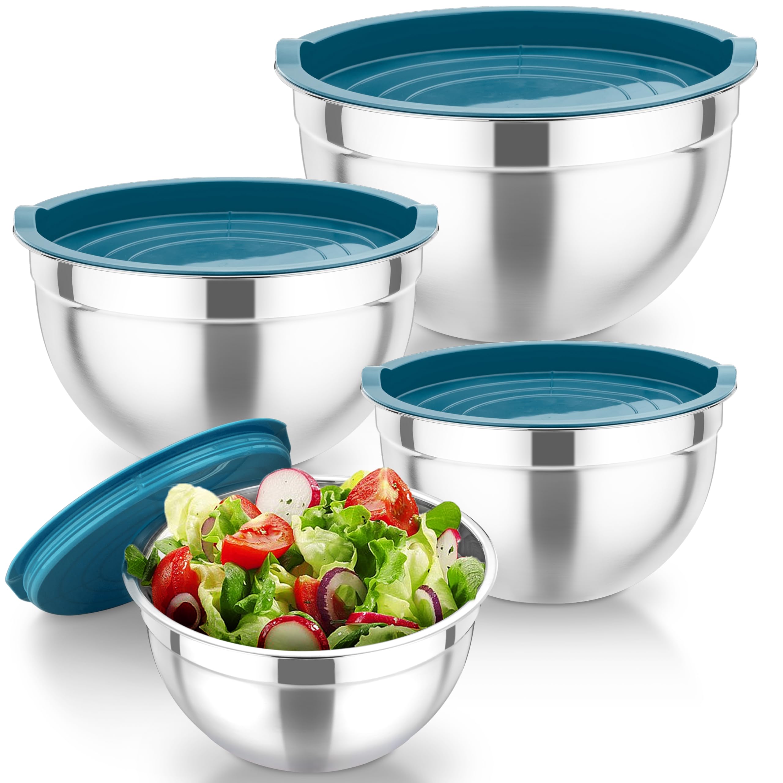 TeamFar Rührschüsseln-Set – 3 Edelstahl-Schüsseln Mit Deckel & 3 Reibeaufsätzen, Stapelbar (4,6/3/1,5 QT), Khaki