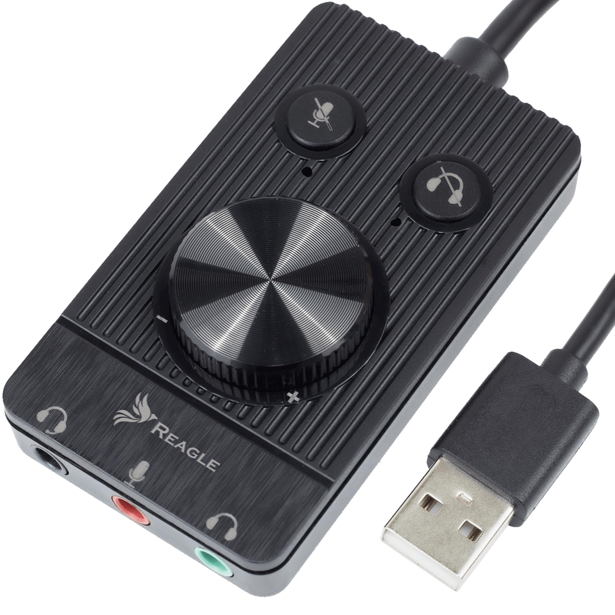 Reagle zewnętrzna karta dźwiękowa USB – 48 kHz/16-bitowy audio, złącza jack 3,5 mm, plug & play, regulacja głośności, przełącznik wyciszenia mikrofonu i słuchawek, kompatybilna z Windows, Mac OS