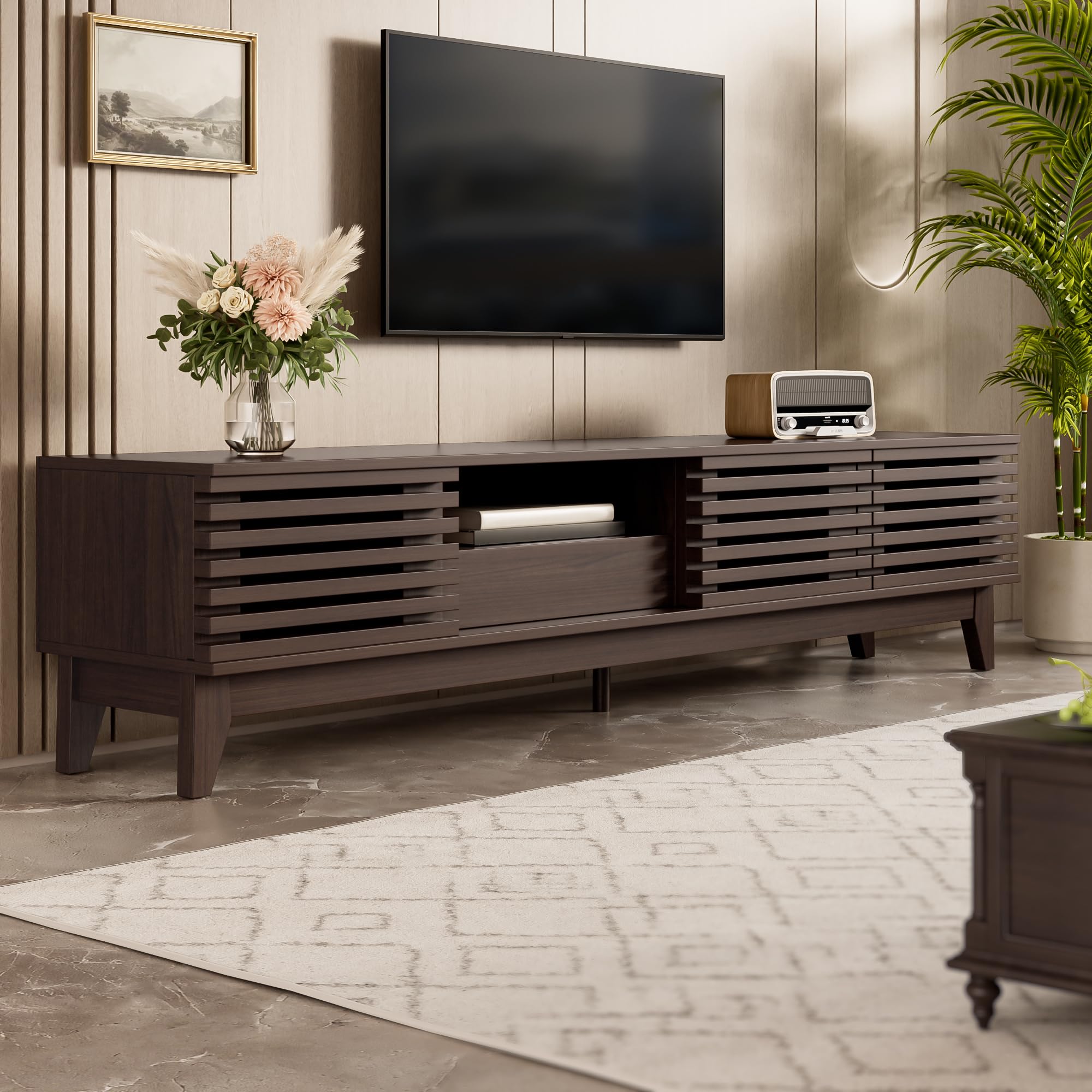 Merax TV-Schrank 170x35x40 cm, TV-Lowboard mit 3 Türen, 1 Schublade, offenen Fächern und Kabeldurchführung, stilvolles TV-Möbel mit großem Stauraum für Wohnzimmer, dunkle Holzfarbe