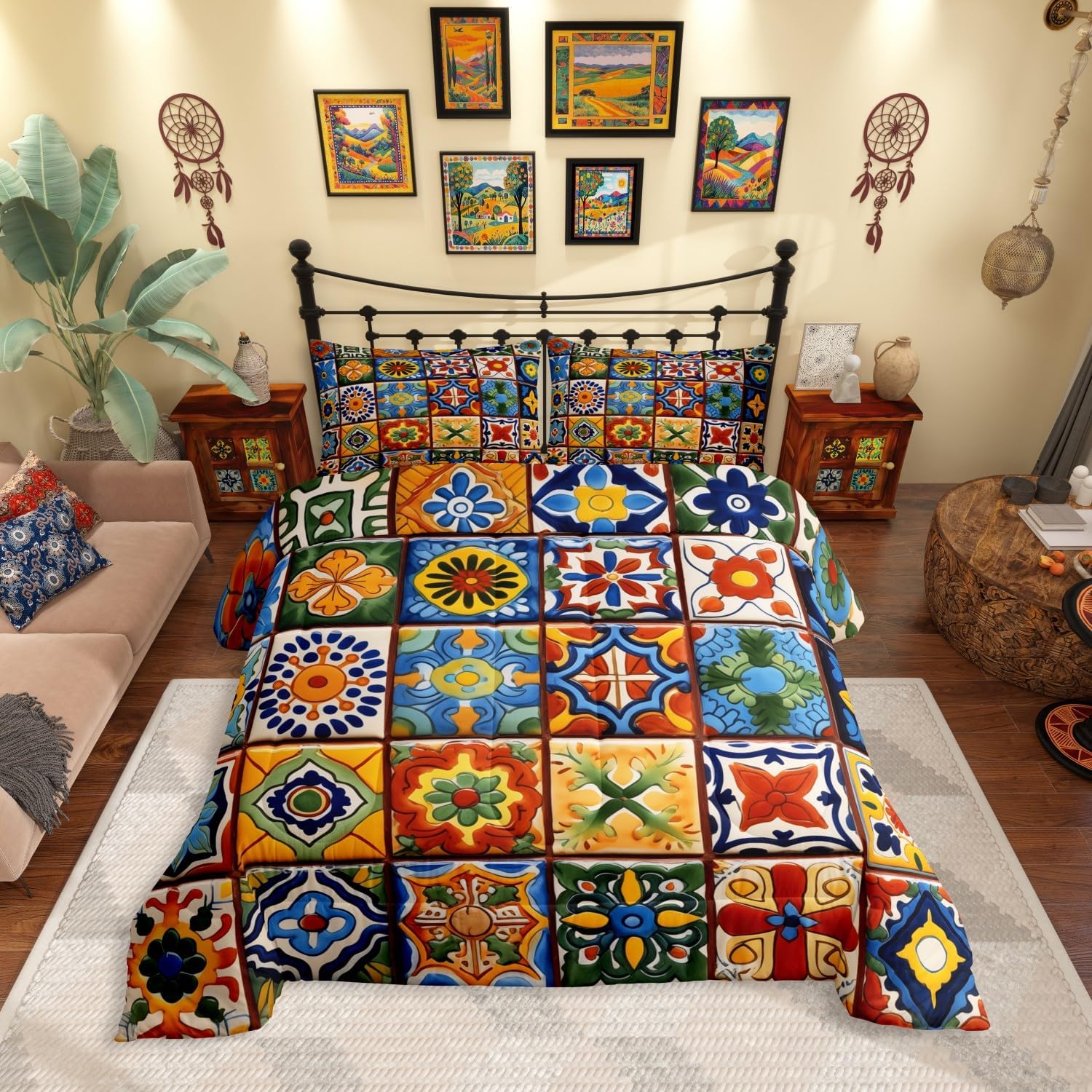 Erosebridal Mexican Talavera Tile Comforter Set Queen Size,